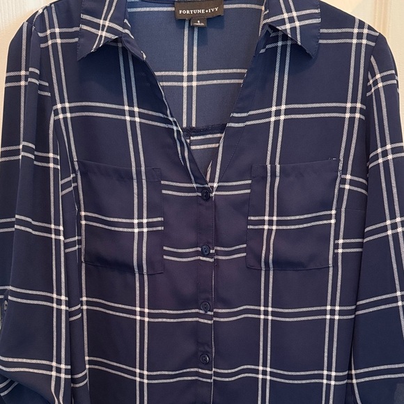 Fortune + Ivy Women's Navy Checkered Button Down Shirt - Picture 2 of 6